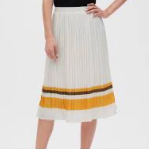 Banana Republic Factory Cream Pleated Yellow Green Hem Stripe A-Line Skirt NEW - Picture 2 of 16